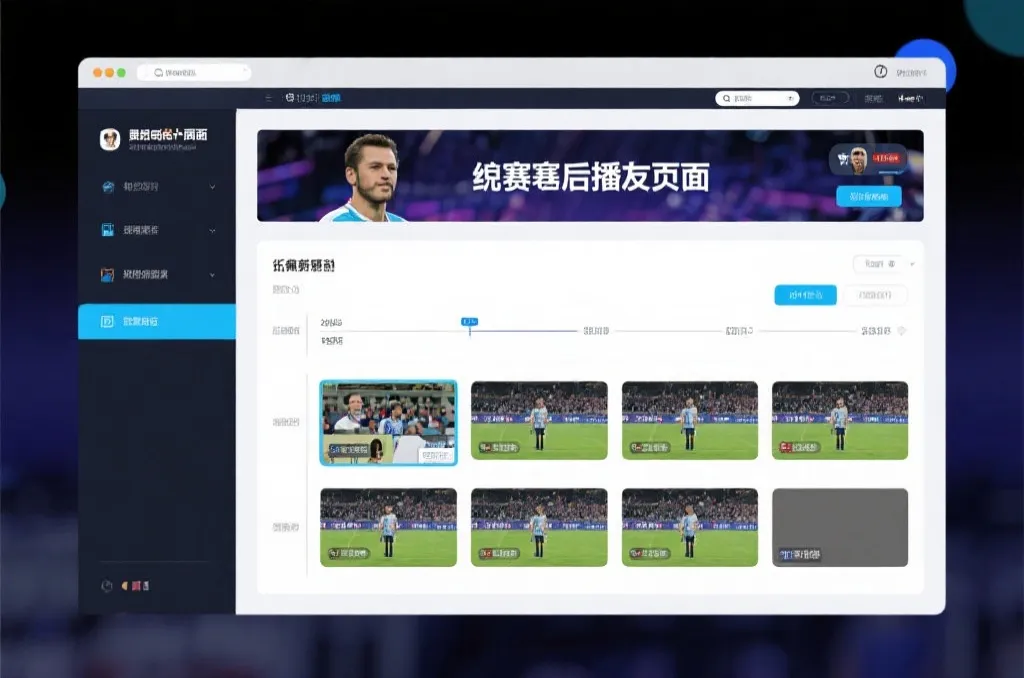 比赛结束后，电视屏幕展示集锦回放页面，旁边有时间轴和多角度切换提示